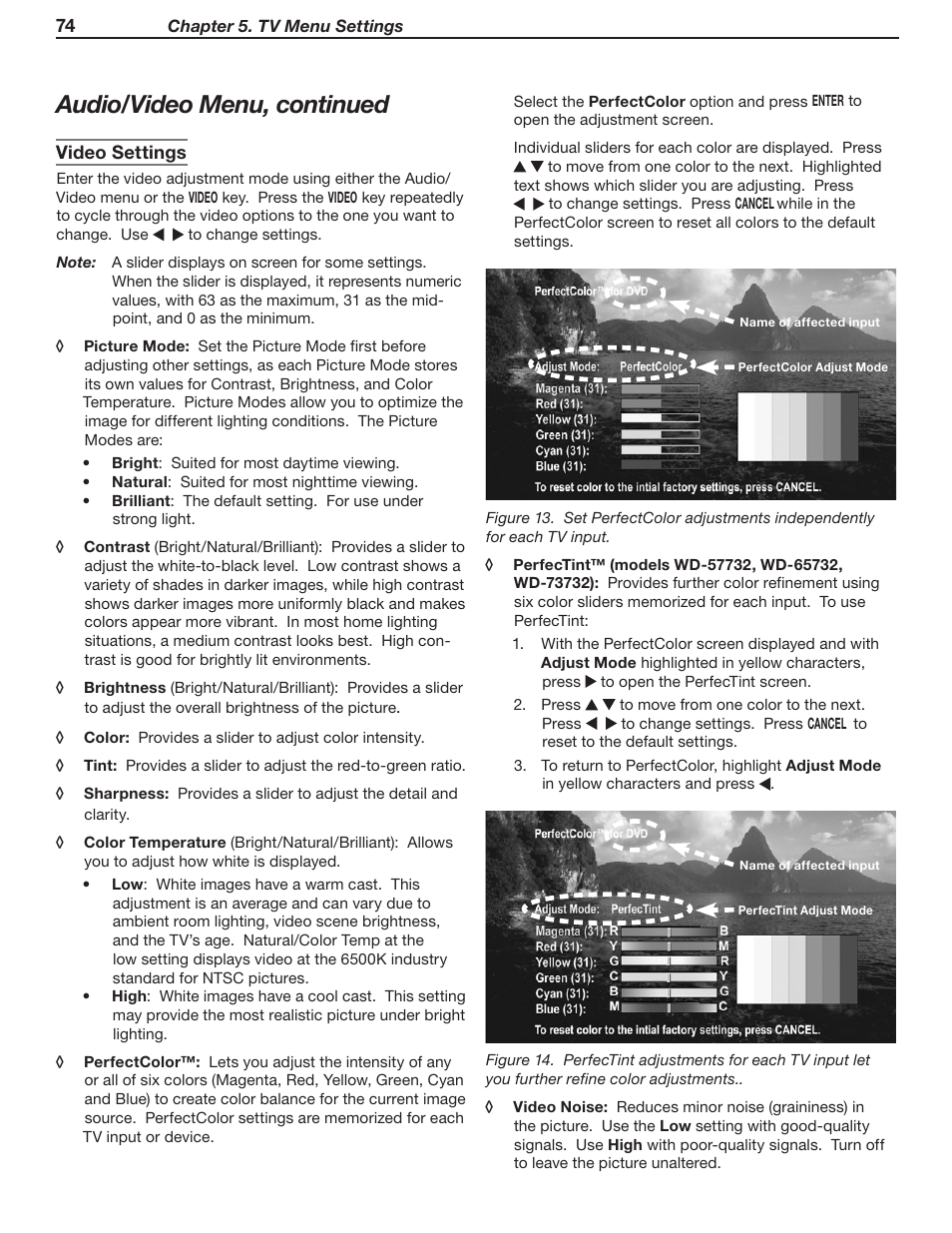 Audio/video menu, continued | MITSUBISHI ELECTRIC WD-Y57 a User Manual | Page 74 / 124