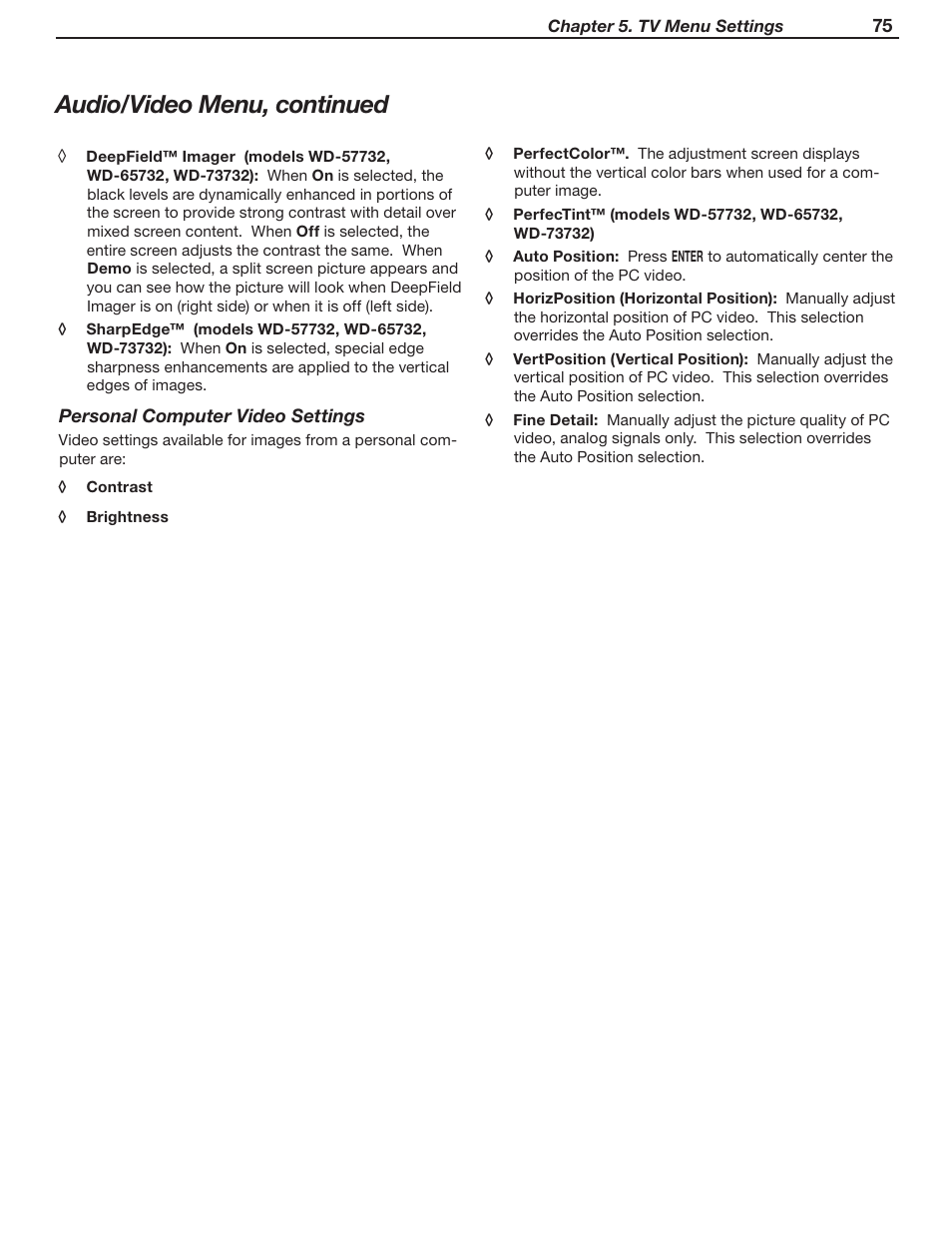 Audio/video menu, continued | MITSUBISHI ELECTRIC WD-Y57 a User Manual | Page 75 / 124