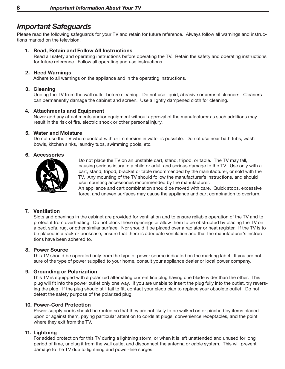 Important safeguards | MITSUBISHI ELECTRIC WD-Y57 a User Manual | Page 8 / 124
