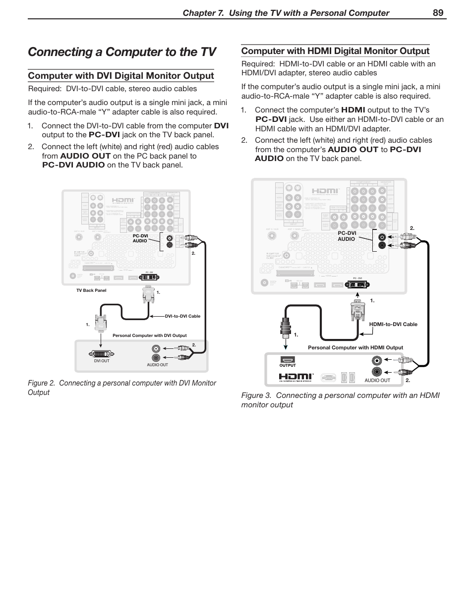 Connecting a computer to the tv, 89 computer with hdmi digital monitor output, Computer with dvi digital monitor output | Chapter 7. using the tv with a personal computer, Tm r | MITSUBISHI ELECTRIC WD-Y57 a User Manual | Page 89 / 124