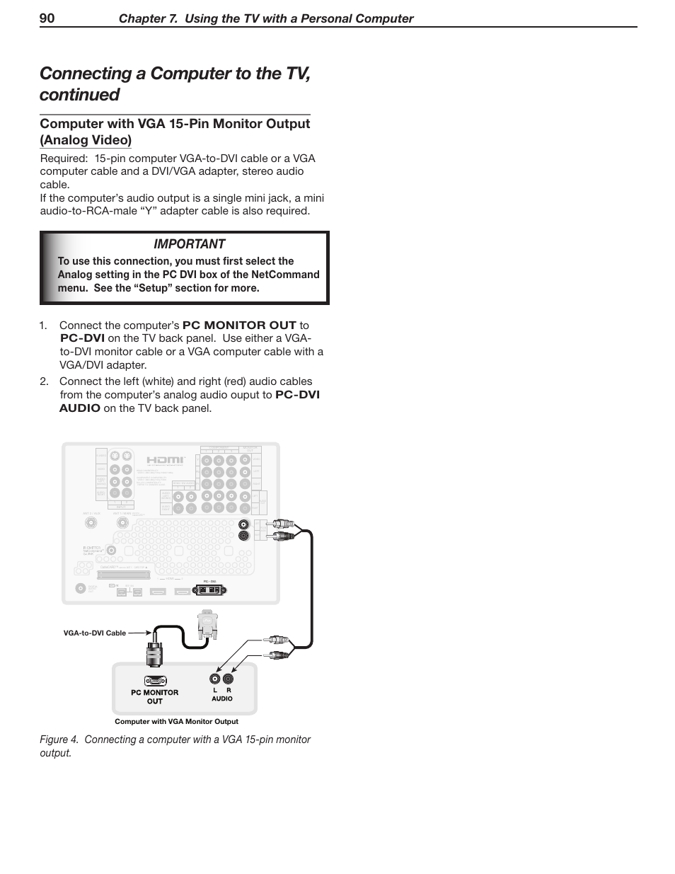 Connecting a computer to the tv, continued, Important, Chapter 7. using the tv with a personal computer | Tm r | MITSUBISHI ELECTRIC WD-Y57 a User Manual | Page 90 / 124