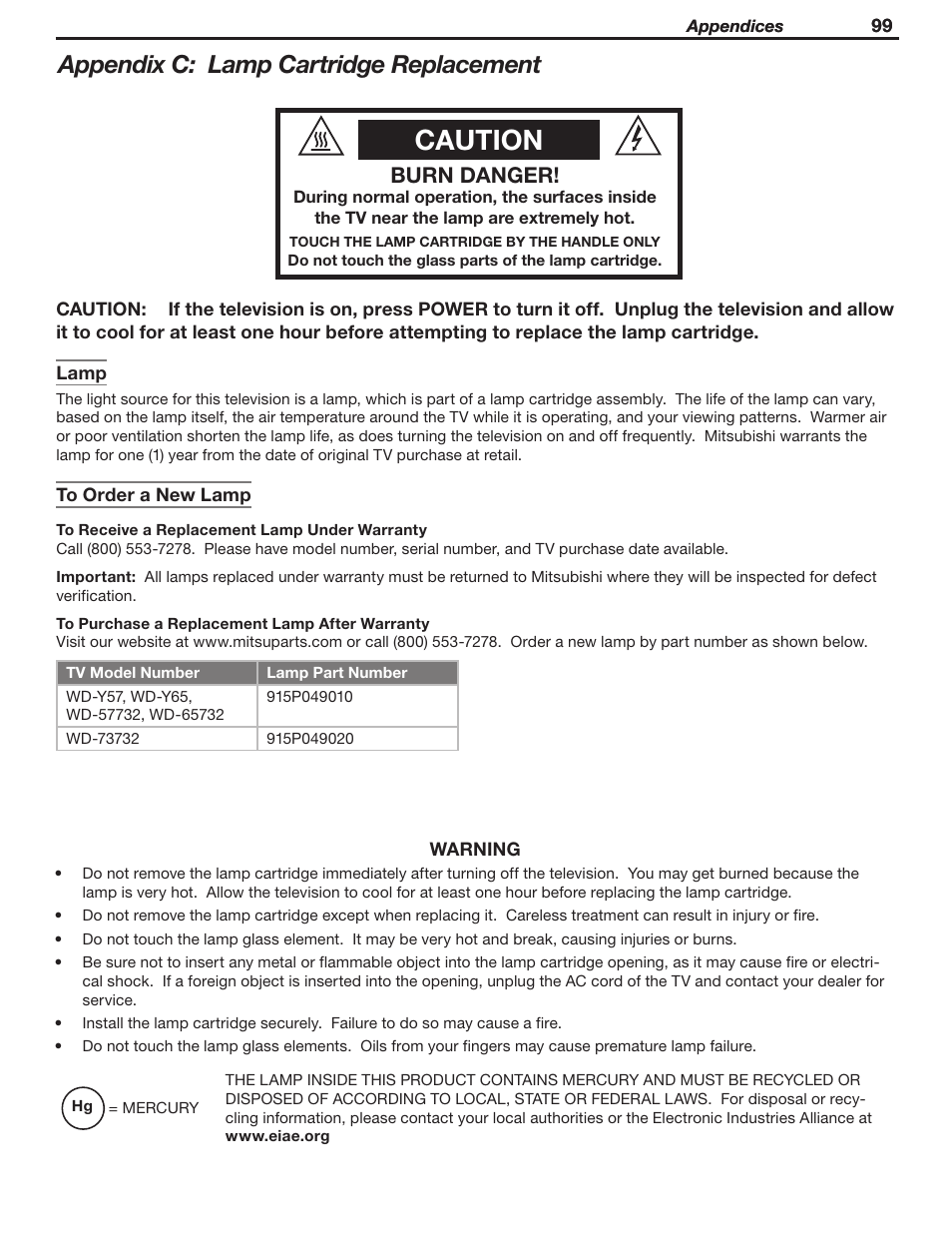 Caution, Appendix c: lamp cartridge replacement, Burn danger | MITSUBISHI ELECTRIC WD-Y57 a User Manual | Page 99 / 124