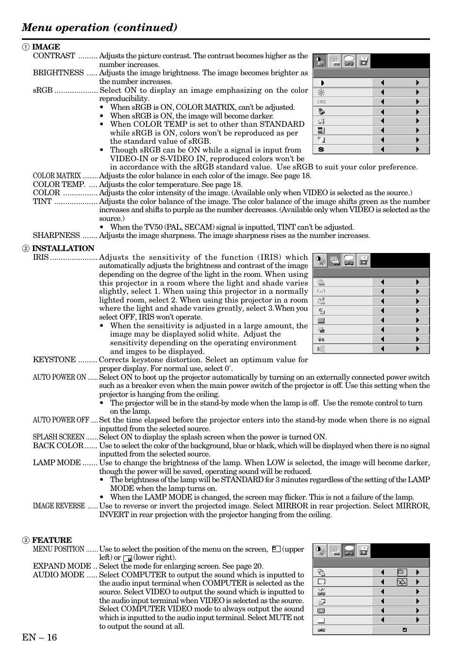 Menu operation (continued), En – 16 | MITSUBISHI ELECTRIC XL1U User Manual | Page 16 / 32