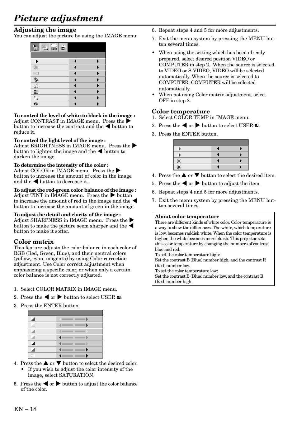 Picture adjustment, En – 18 adjusting the image, Color matrix | Color temperature | MITSUBISHI ELECTRIC XL1U User Manual | Page 18 / 32