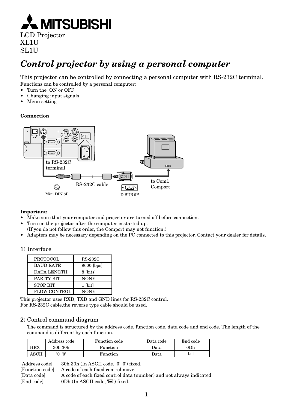 Control projector by using a personal computer, Lcd projector xl1u sl1u, 2) control command diagram | MITSUBISHI ELECTRIC XL1U User Manual | Page 29 / 32