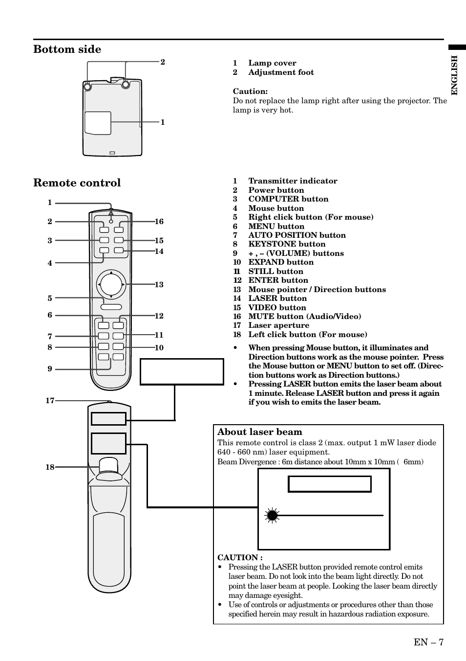 Bottom side, Remote control, Caution | En – 7, About laser beam | MITSUBISHI ELECTRIC XL1U User Manual | Page 7 / 32