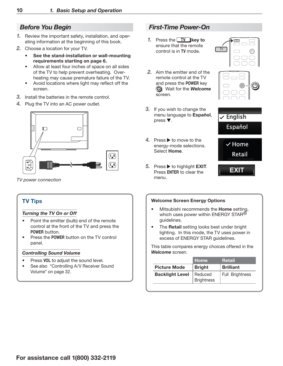 Before you begin, First-time power-on | MITSUBISHI ELECTRIC LT-55154 User Manual | Page 10 / 104