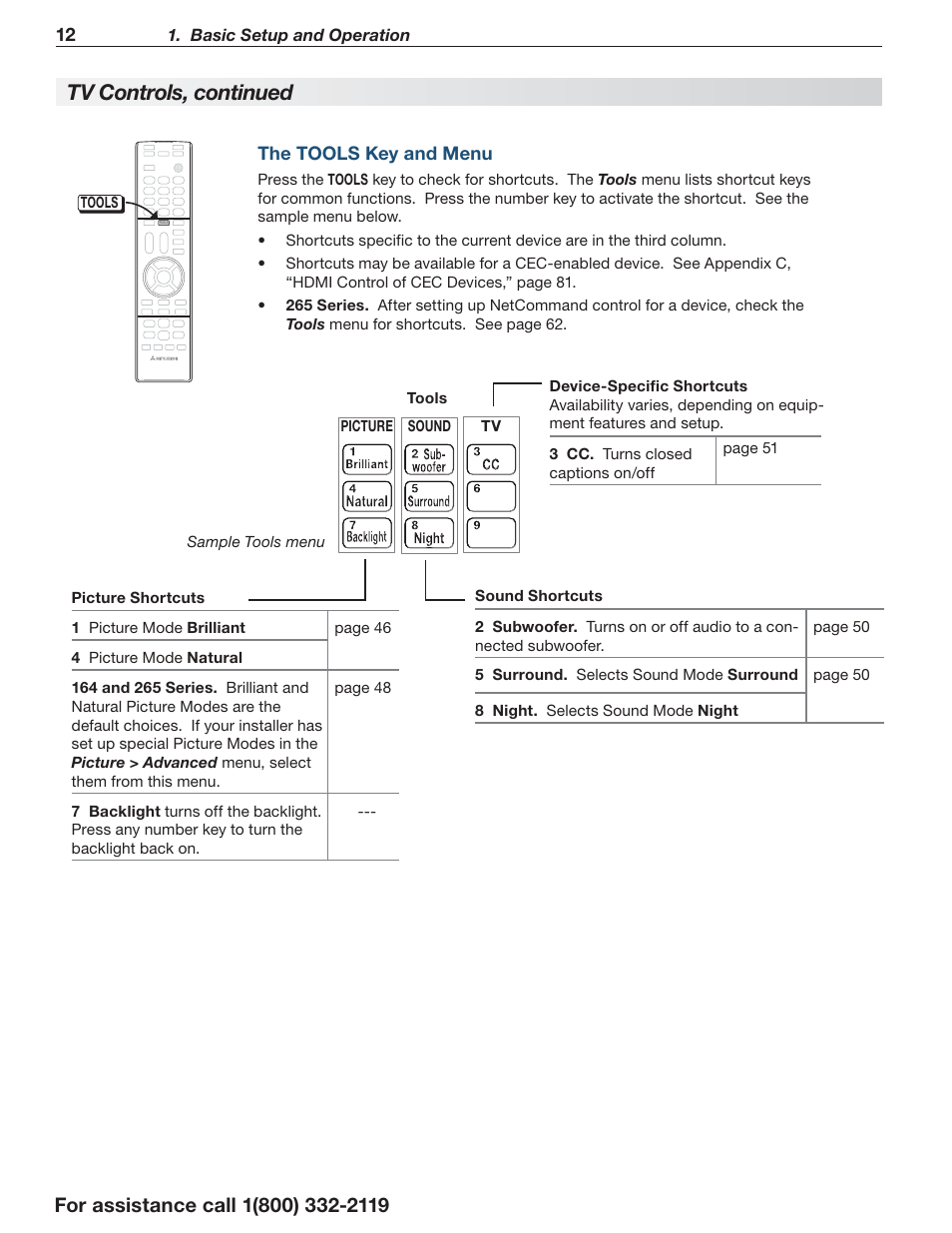 The tools key and menu, Tv controls, continued | MITSUBISHI ELECTRIC LT-55154 User Manual | Page 12 / 104