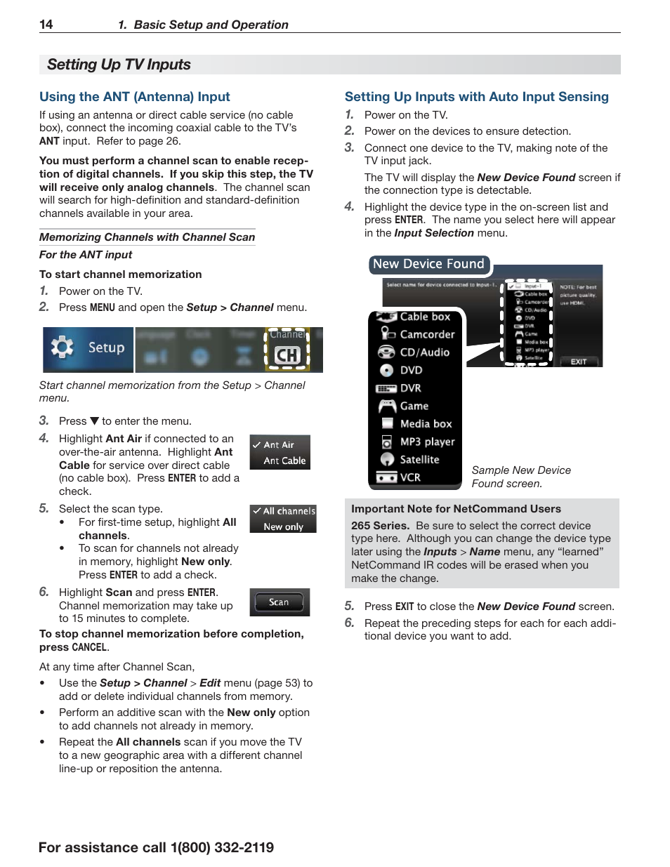 Setting up tv inputs | MITSUBISHI ELECTRIC LT-55154 User Manual | Page 14 / 104