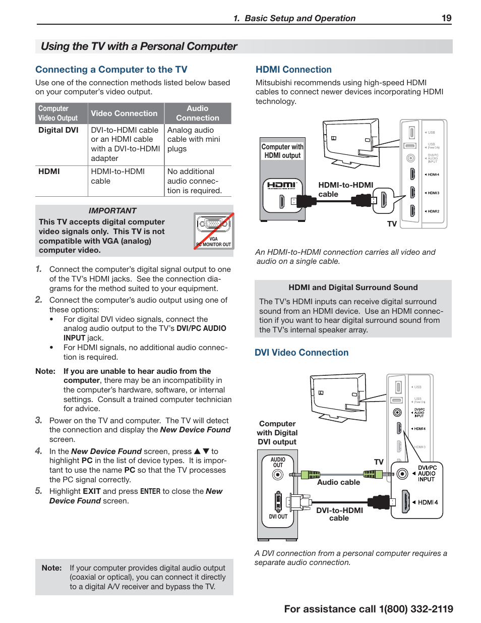 Using the tv with a personal computer | MITSUBISHI ELECTRIC LT-55154 User Manual | Page 19 / 104