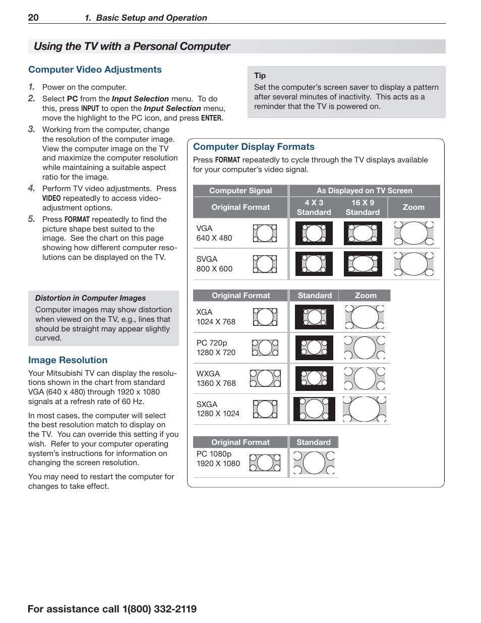 Using the tv with a personal computer | MITSUBISHI ELECTRIC LT-55154 User Manual | Page 20 / 104