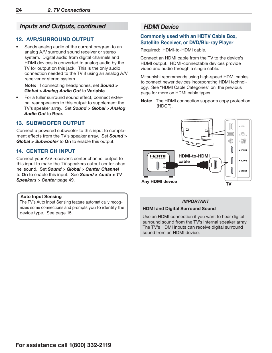 Hdmi device, Inputs and outputs, continued | MITSUBISHI ELECTRIC LT-55154 User Manual | Page 24 / 104