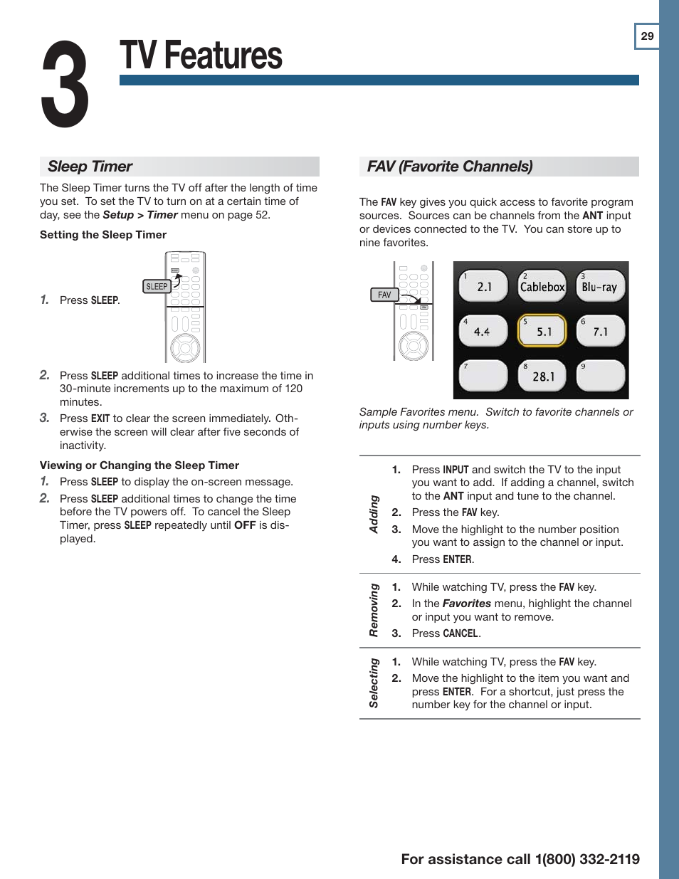 3 tv features, Sleep timer, Fav (favorite channels) | Tv features | MITSUBISHI ELECTRIC LT-55154 User Manual | Page 29 / 104