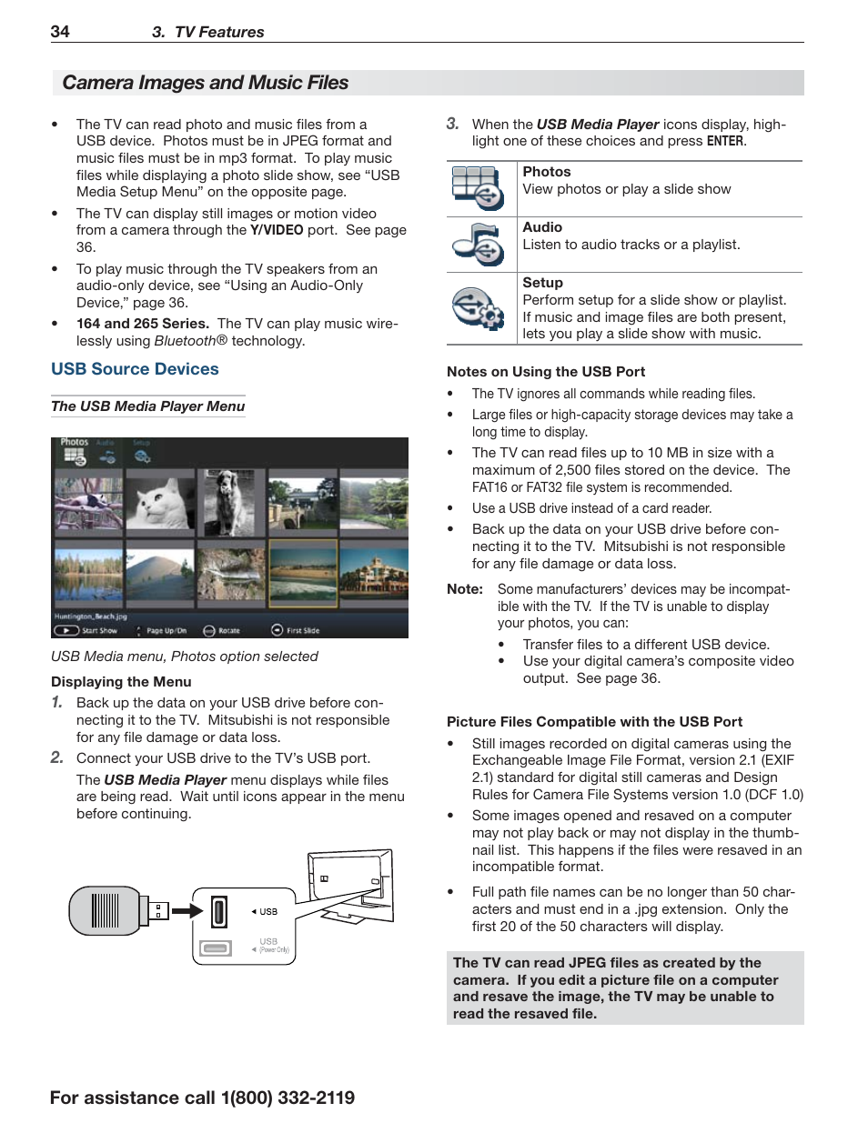 Camera images and music files, Usb source devices | MITSUBISHI ELECTRIC LT-55154 User Manual | Page 34 / 104