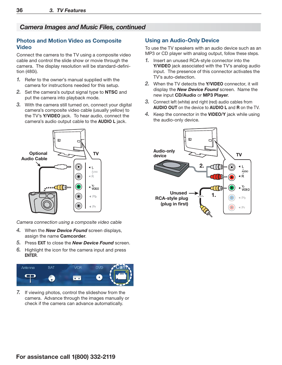 Photos and motion video as, Composite video, Using an audio-only device | Camera images and music files, continued | MITSUBISHI ELECTRIC LT-55154 User Manual | Page 36 / 104