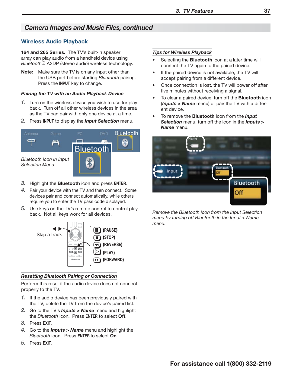 Wireless audio playback, Camera images and music files, continued | MITSUBISHI ELECTRIC LT-55154 User Manual | Page 37 / 104