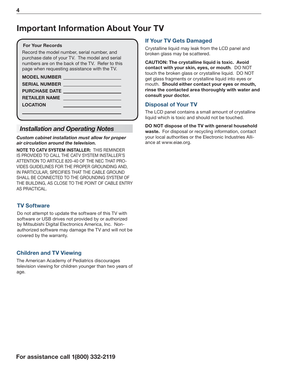 Important information about your tv, Installation and operating notes | MITSUBISHI ELECTRIC LT-55154 User Manual | Page 4 / 104