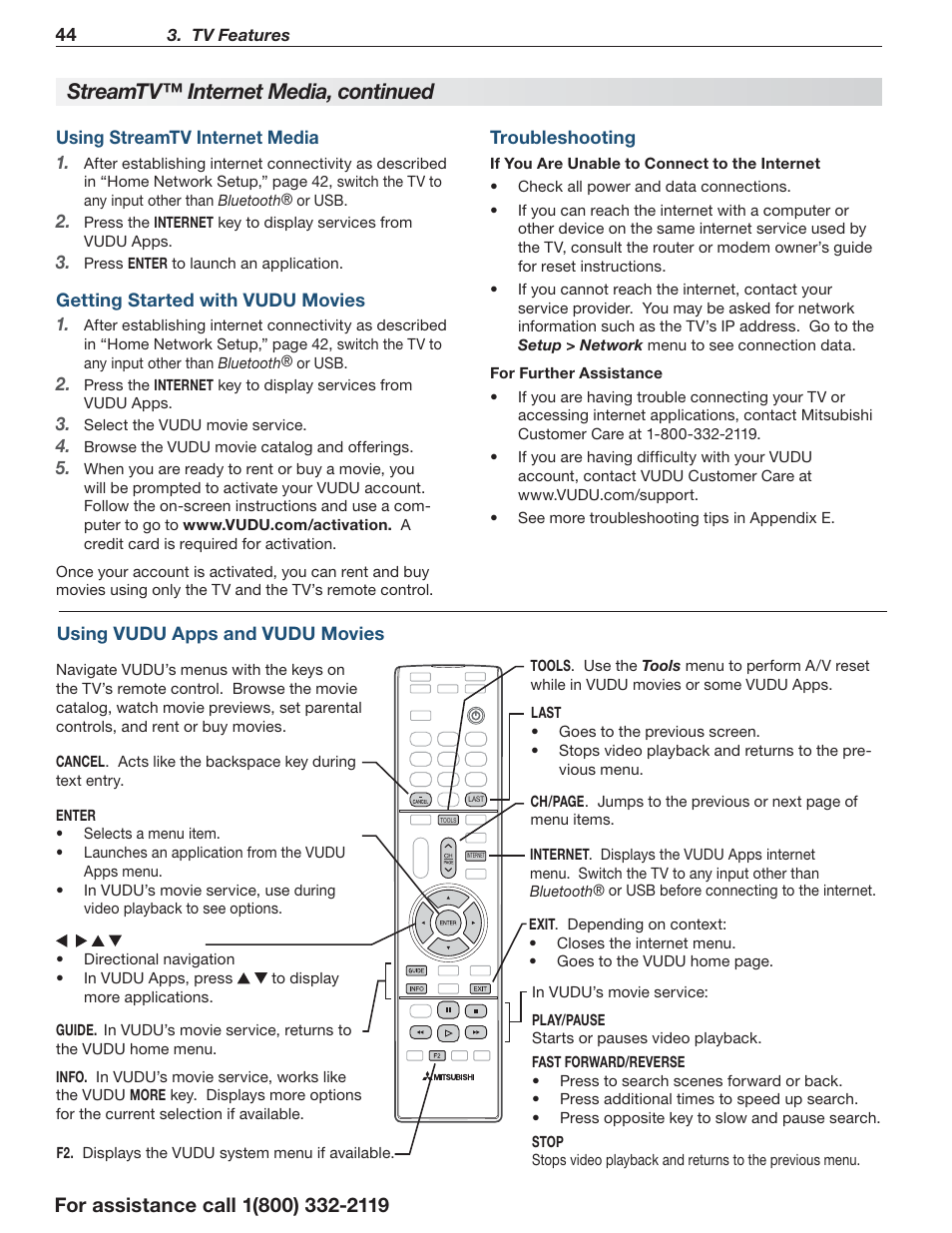 Streamtv™ internet media, continued | MITSUBISHI ELECTRIC LT-55154 User Manual | Page 44 / 104