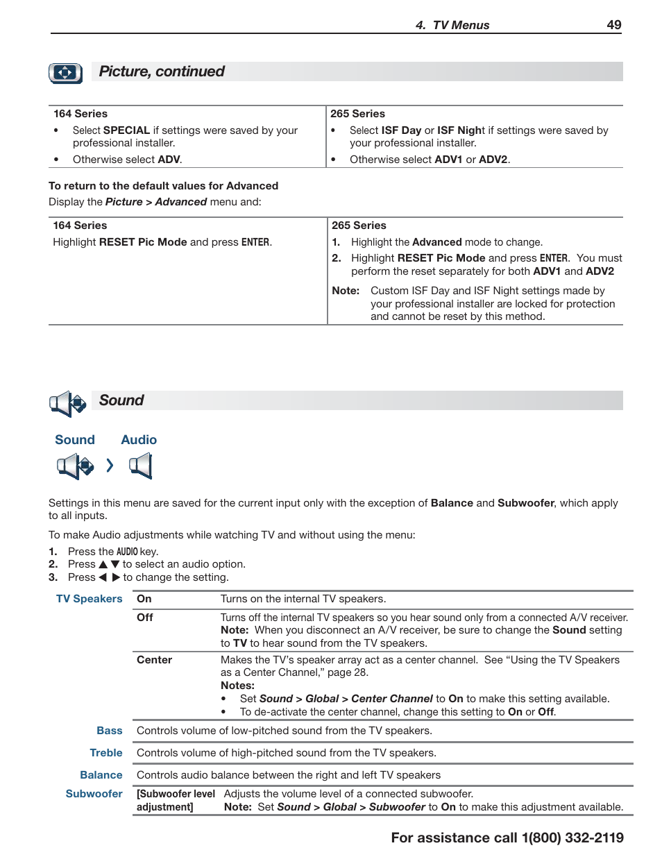 Sound, Picture, continued | MITSUBISHI ELECTRIC LT-55154 User Manual | Page 49 / 104