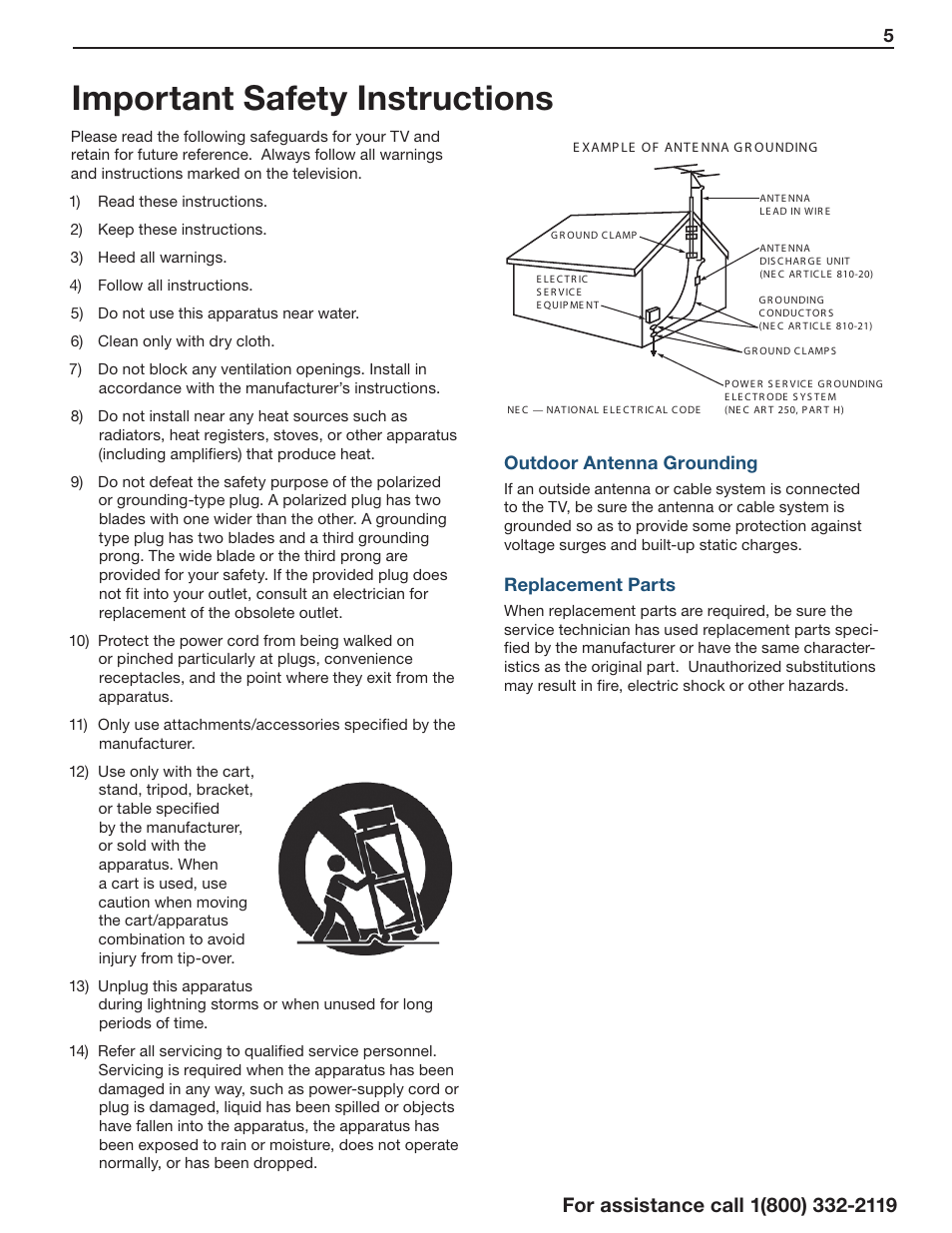 Important safety instructions | MITSUBISHI ELECTRIC LT-55154 User Manual | Page 5 / 104