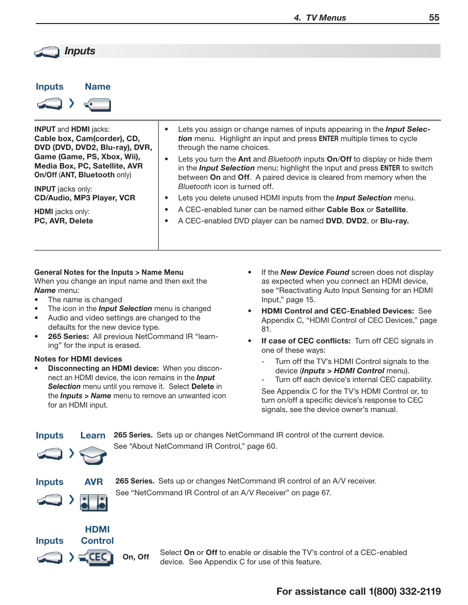 Inputs | MITSUBISHI ELECTRIC LT-55154 User Manual | Page 55 / 104