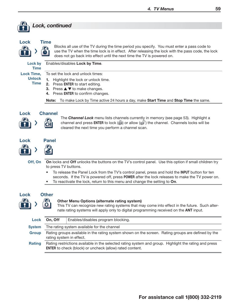 Lock, continued | MITSUBISHI ELECTRIC LT-55154 User Manual | Page 59 / 104