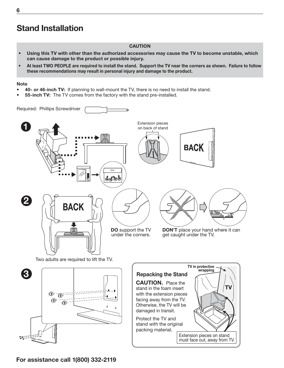 Stand installation, Back | MITSUBISHI ELECTRIC LT-55154 User Manual | Page 6 / 104