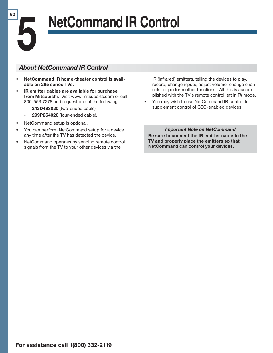 5 netcommand ir control, About netcommand ir control, Netcommand ir control | MITSUBISHI ELECTRIC LT-55154 User Manual | Page 60 / 104