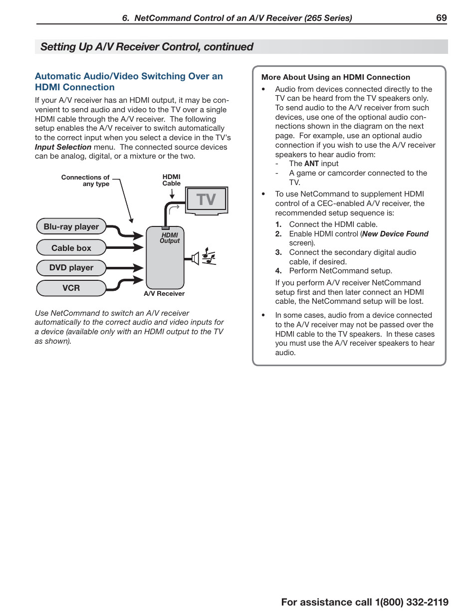 Automatic audio/video switching over, An hdmi connection, Setting up a/v receiver control, continued | MITSUBISHI ELECTRIC LT-55154 User Manual | Page 69 / 104