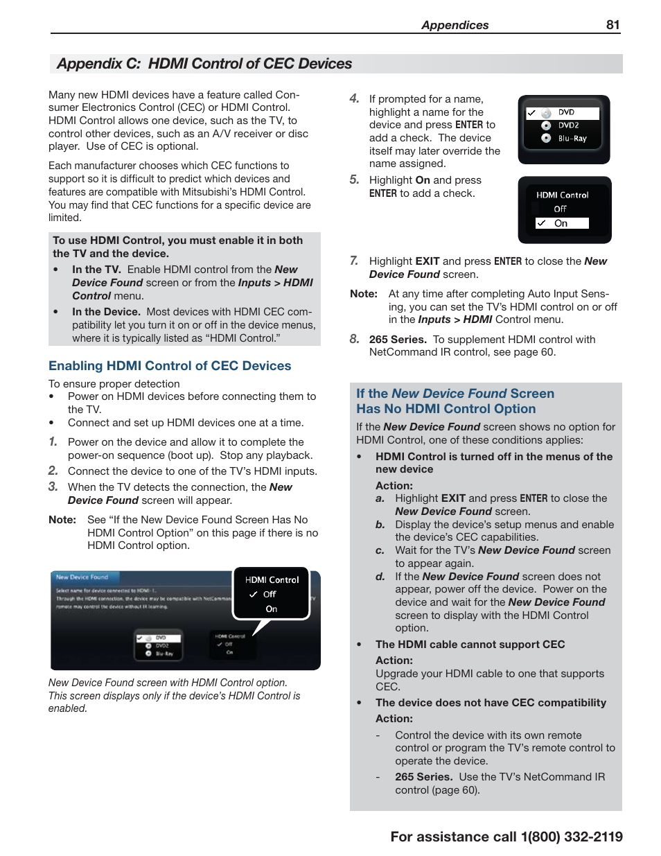 Appendix c: hdmi control of cec devices | MITSUBISHI ELECTRIC LT-55154 User Manual | Page 81 / 104