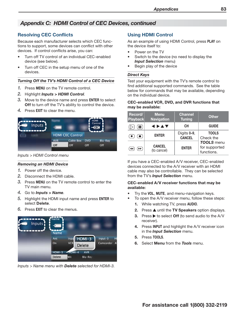 Appendix c: hdmi control of cec devices, continued | MITSUBISHI ELECTRIC LT-55154 User Manual | Page 83 / 104