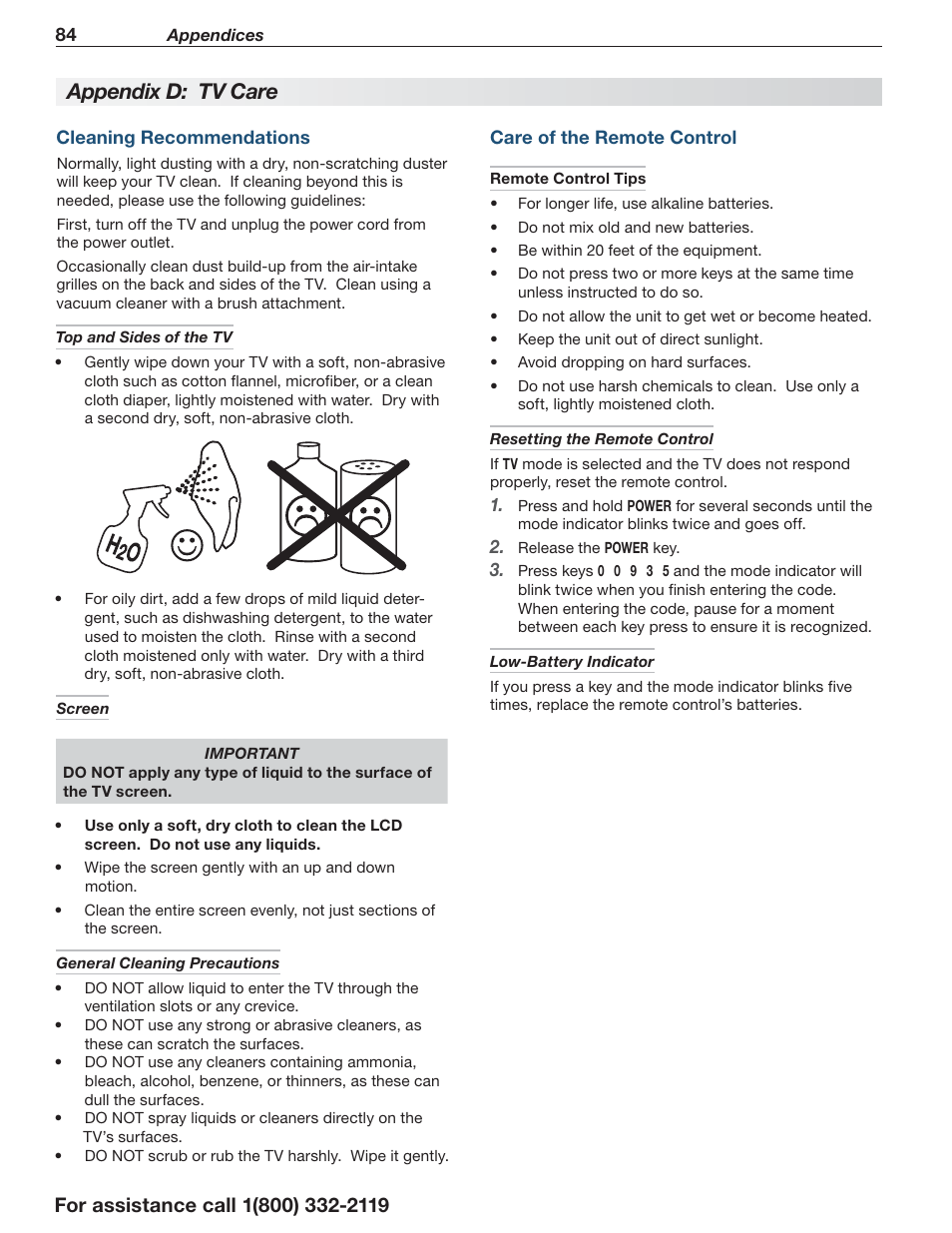 Appendix d: tv care | MITSUBISHI ELECTRIC LT-55154 User Manual | Page 84 / 104