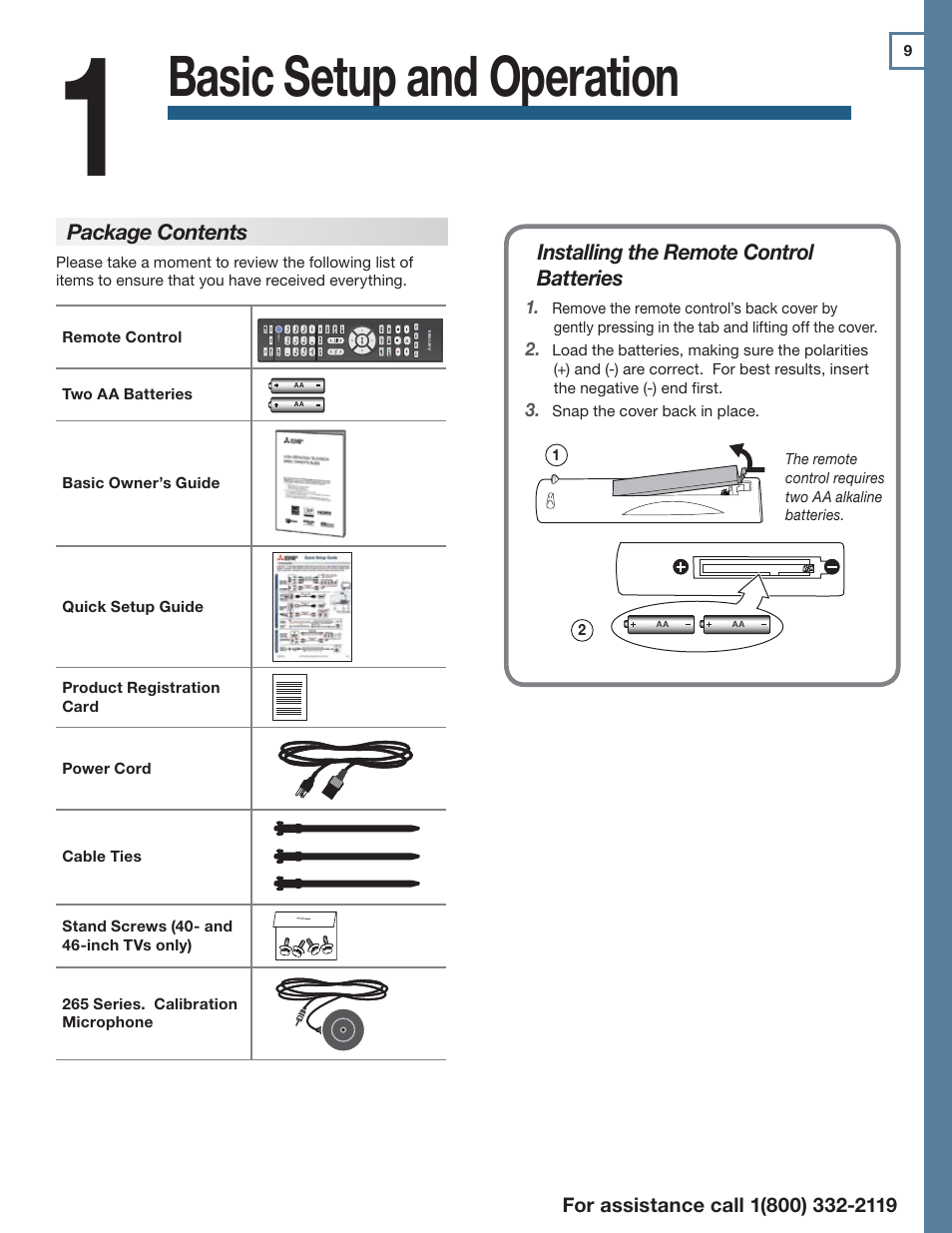 1 basic setup and operation, Package contents, Basic setup and operation | MITSUBISHI ELECTRIC LT-55154 User Manual | Page 9 / 104