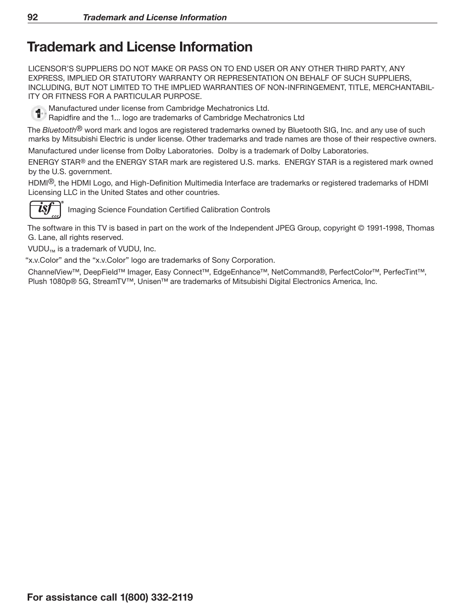 Trademark and license information | MITSUBISHI ELECTRIC LT-55154 User Manual | Page 92 / 104