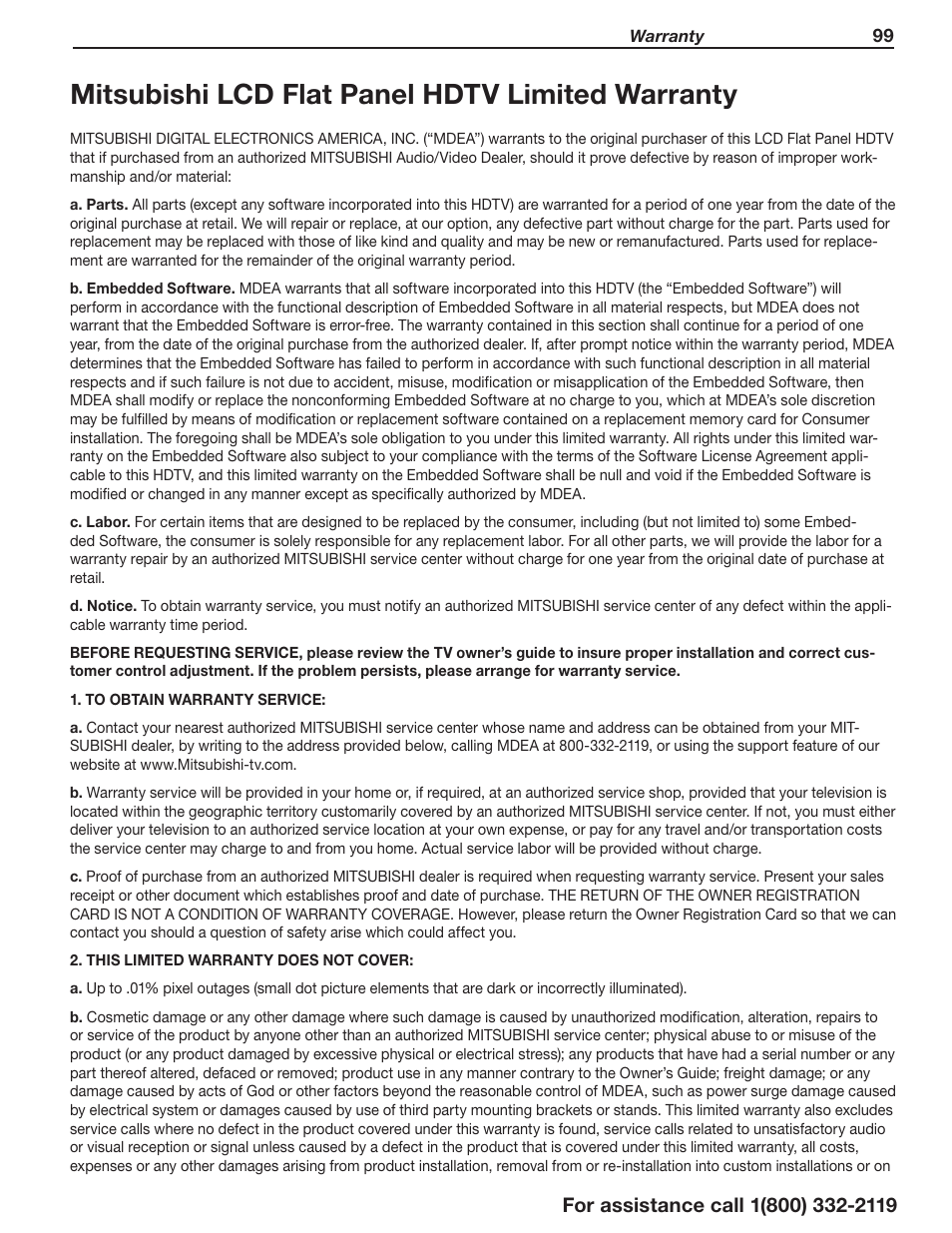 Warranty, Mitsubishi lcd flat panel hdtv limited warranty | MITSUBISHI ELECTRIC LT-55154 User Manual | Page 99 / 104