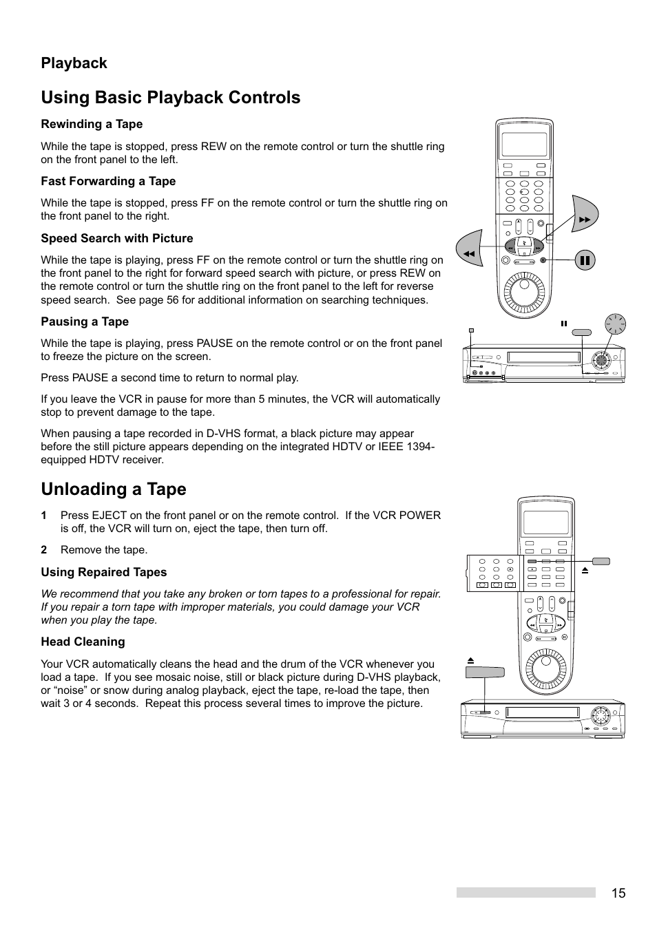 Using basic playback controls, Unloading a tape, Playback | MITSUBISHI ELECTRIC HS-HD2000U User Manual | Page 17 / 80