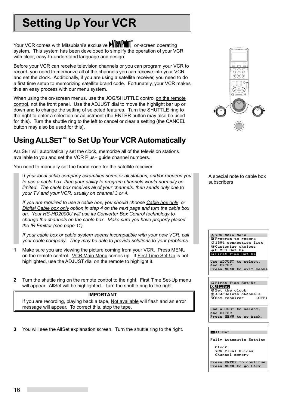 Setting up your vcr, Using a | MITSUBISHI ELECTRIC HS-HD2000U User Manual | Page 18 / 80