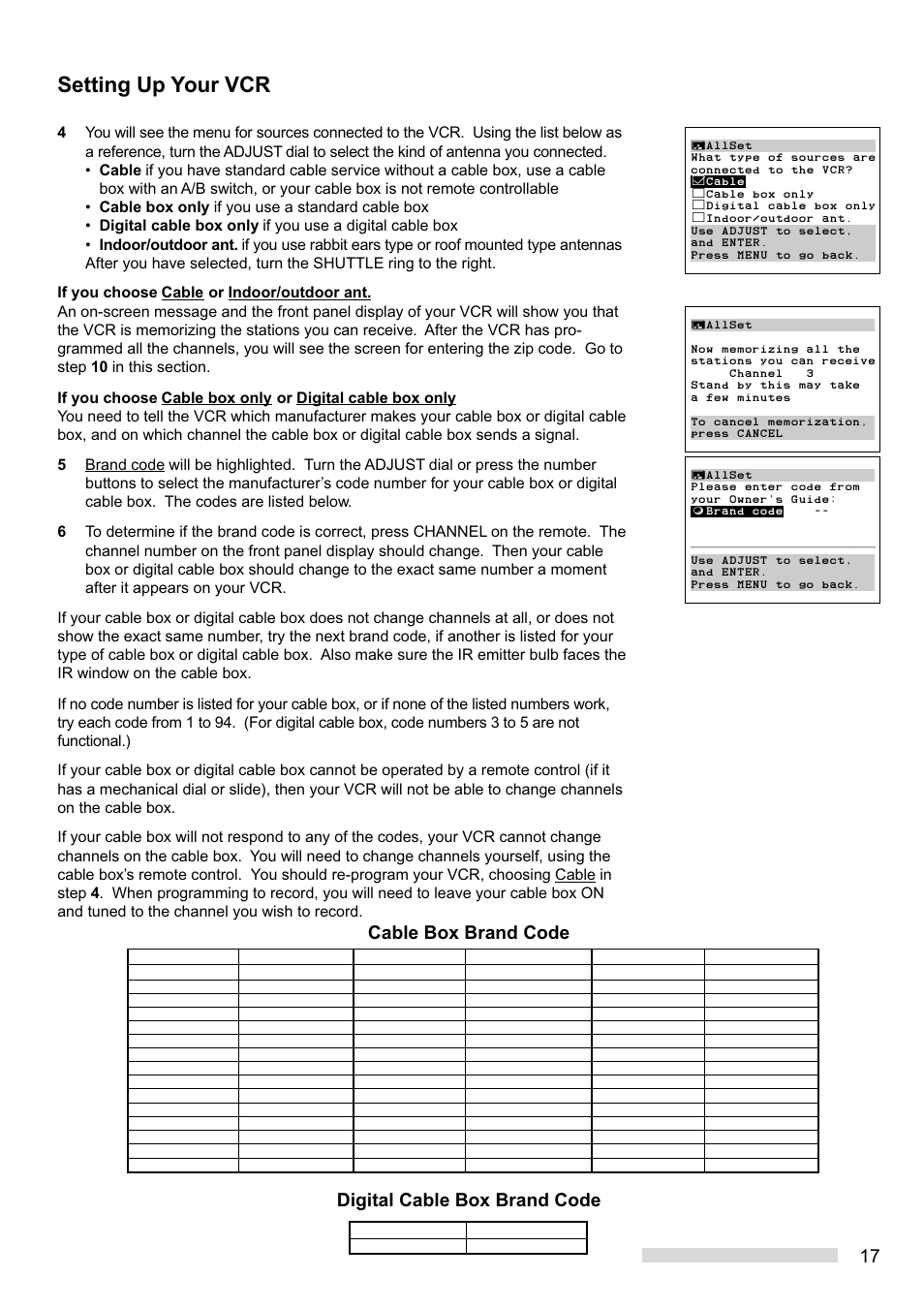 Setting up your vcr, Cable box brand code digital cable box brand code | MITSUBISHI ELECTRIC HS-HD2000U User Manual | Page 19 / 80