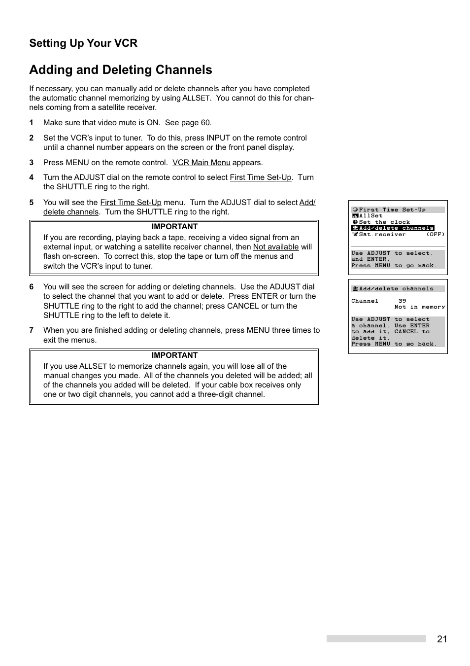 Adding and deleting channels, Setting up your vcr | MITSUBISHI ELECTRIC HS-HD2000U User Manual | Page 23 / 80