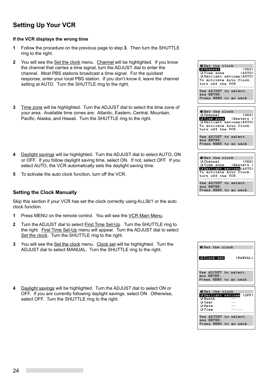 Setting up your vcr, Setting the clock manually | MITSUBISHI ELECTRIC HS-HD2000U User Manual | Page 26 / 80