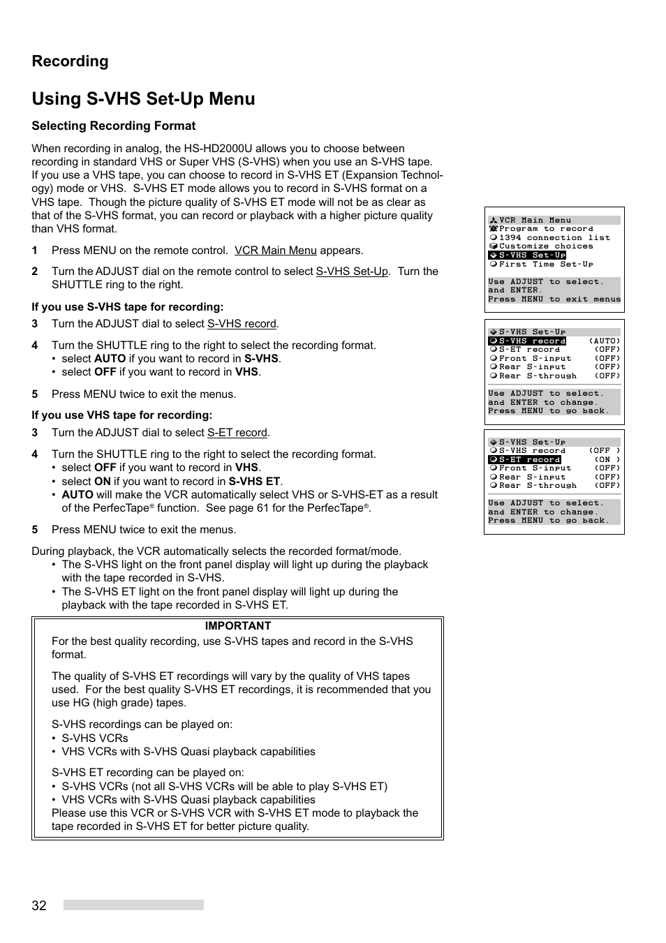 Using s-vhs set-up menu, Recording, Selecting recording format | MITSUBISHI ELECTRIC HS-HD2000U User Manual | Page 34 / 80