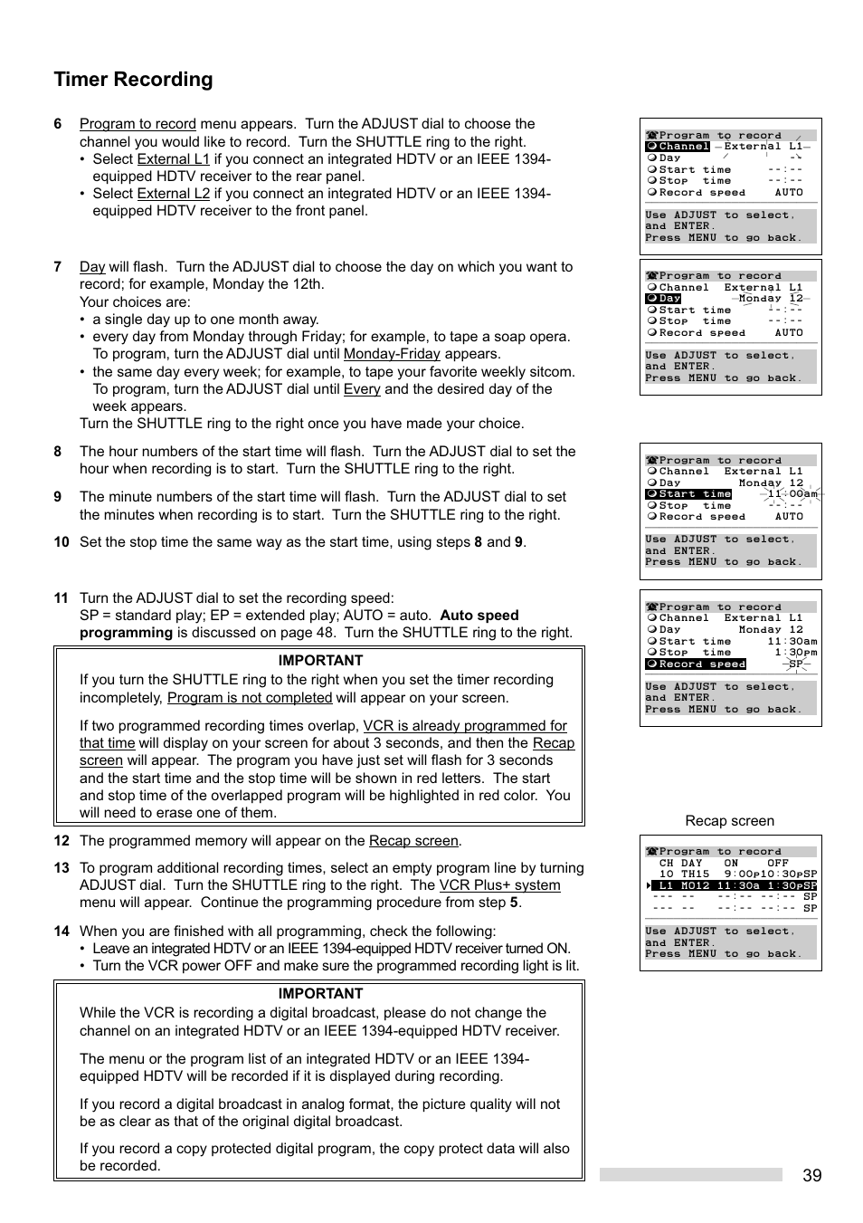 Timer recording, Recap screen | MITSUBISHI ELECTRIC HS-HD2000U User Manual | Page 41 / 80