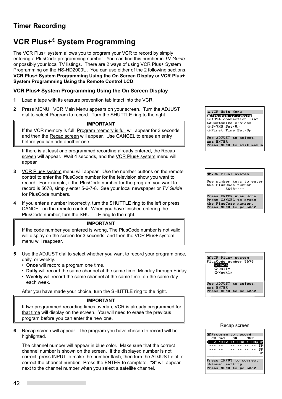 Vcr plus, System programming, Timer recording | Recap screen | MITSUBISHI ELECTRIC HS-HD2000U User Manual | Page 44 / 80