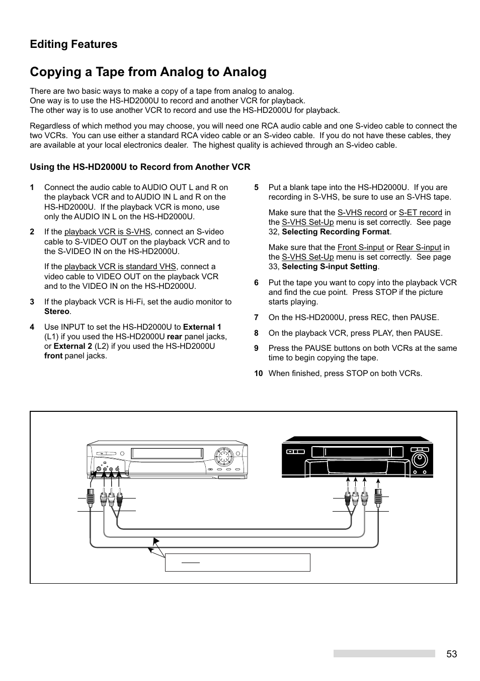 Copying a tape from analog to analog, Editing features, Hs-hd2000u recording playback | MITSUBISHI ELECTRIC HS-HD2000U User Manual | Page 55 / 80