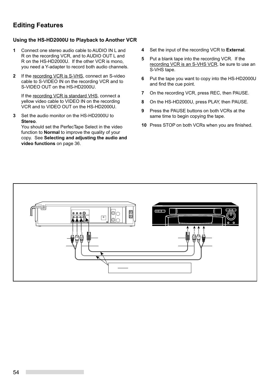 Editing features, Recording, Hs-hd2000u playback | Using the hs-hd2000u to playback to another vcr | MITSUBISHI ELECTRIC HS-HD2000U User Manual | Page 56 / 80