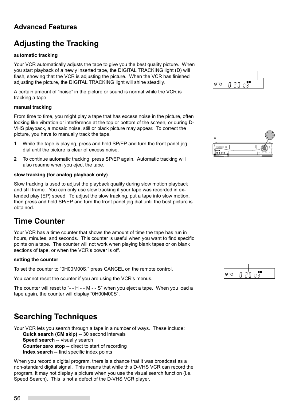 Adjusting the tracking, Time counter, Searching techniques | Advanced features | MITSUBISHI ELECTRIC HS-HD2000U User Manual | Page 58 / 80