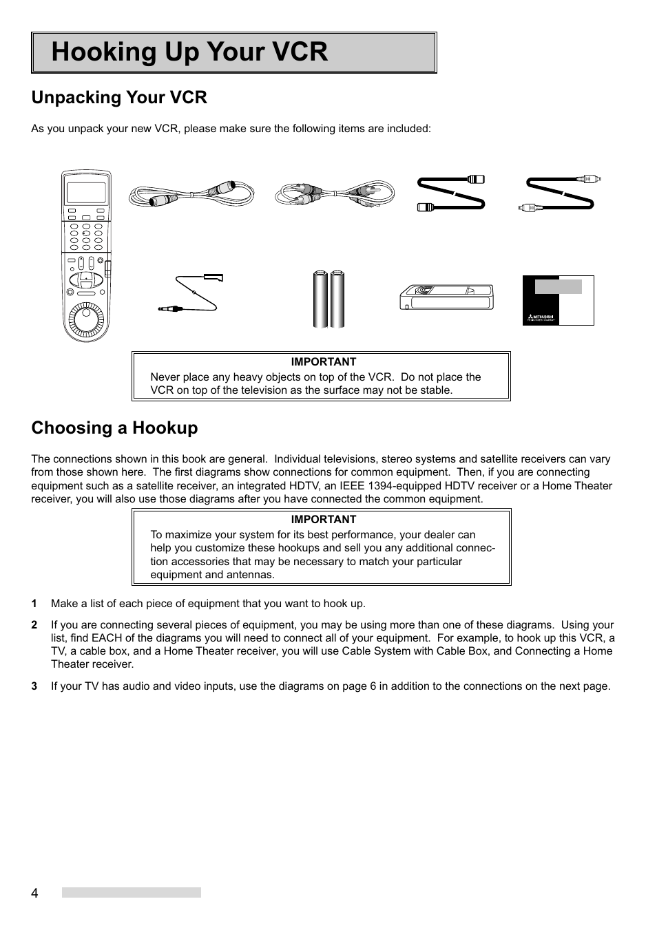 Hooking up your vcr, Unpacking your vcr, Choosing a hookup | MITSUBISHI ELECTRIC HS-HD2000U User Manual | Page 6 / 80