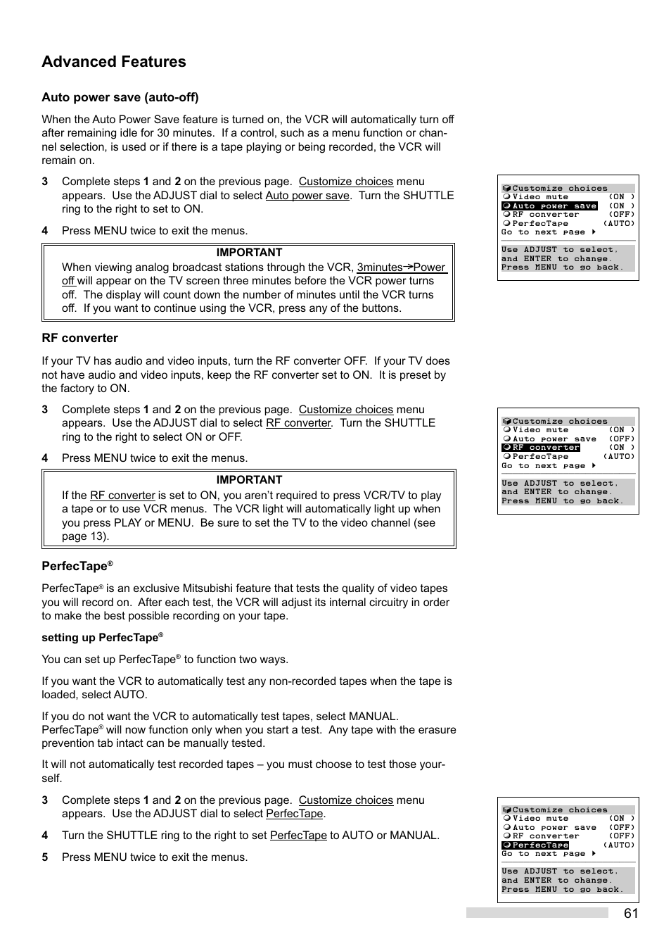 Advanced features, Auto power save (auto-off), Rf converter | Perfectape | MITSUBISHI ELECTRIC HS-HD2000U User Manual | Page 63 / 80