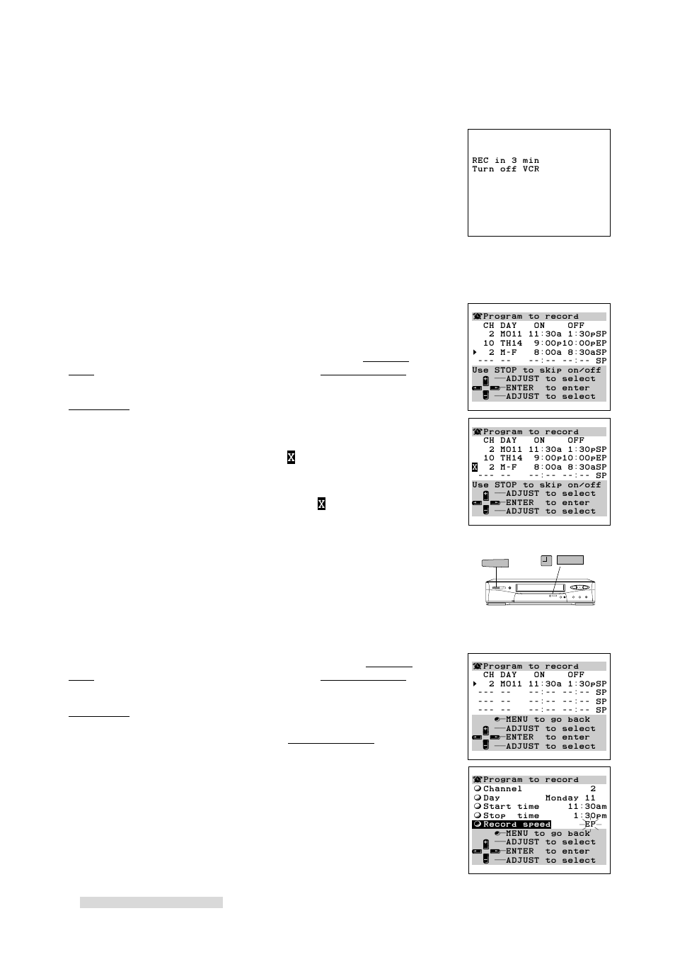 Timer recording, Program caution, Tv programs that end on the day after | Program skip using menus, Program skip using the power button, Changing timer recording settings, Recap screen | MITSUBISHI ELECTRIC HS-U778 User Manual | Page 36 / 68