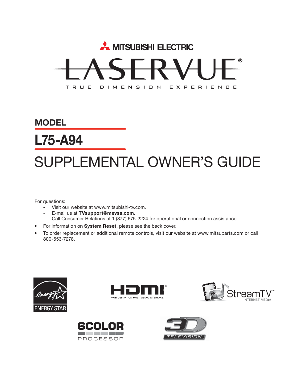 MITSUBISHI ELECTRIC LaserVue L75-A94 User Manual | 50 pages